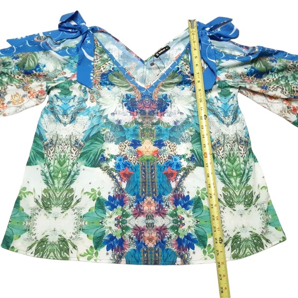 Sheilay Blouse Womens Small Blue Floral Cold Shoulder Bell Sleeve Top New - Picture 4 of 16
